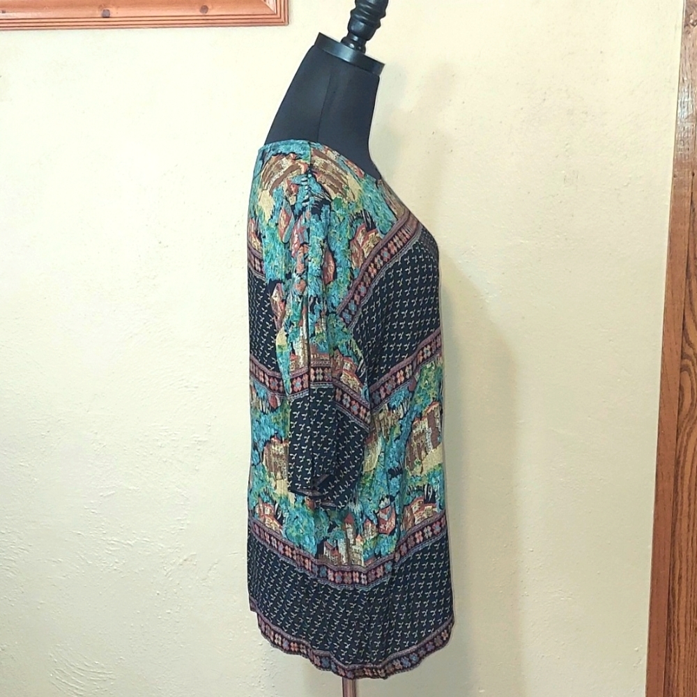 Women's 80s Vintage Karen Kane Boho Tapestry Tunic Top - Picture 2 of 9